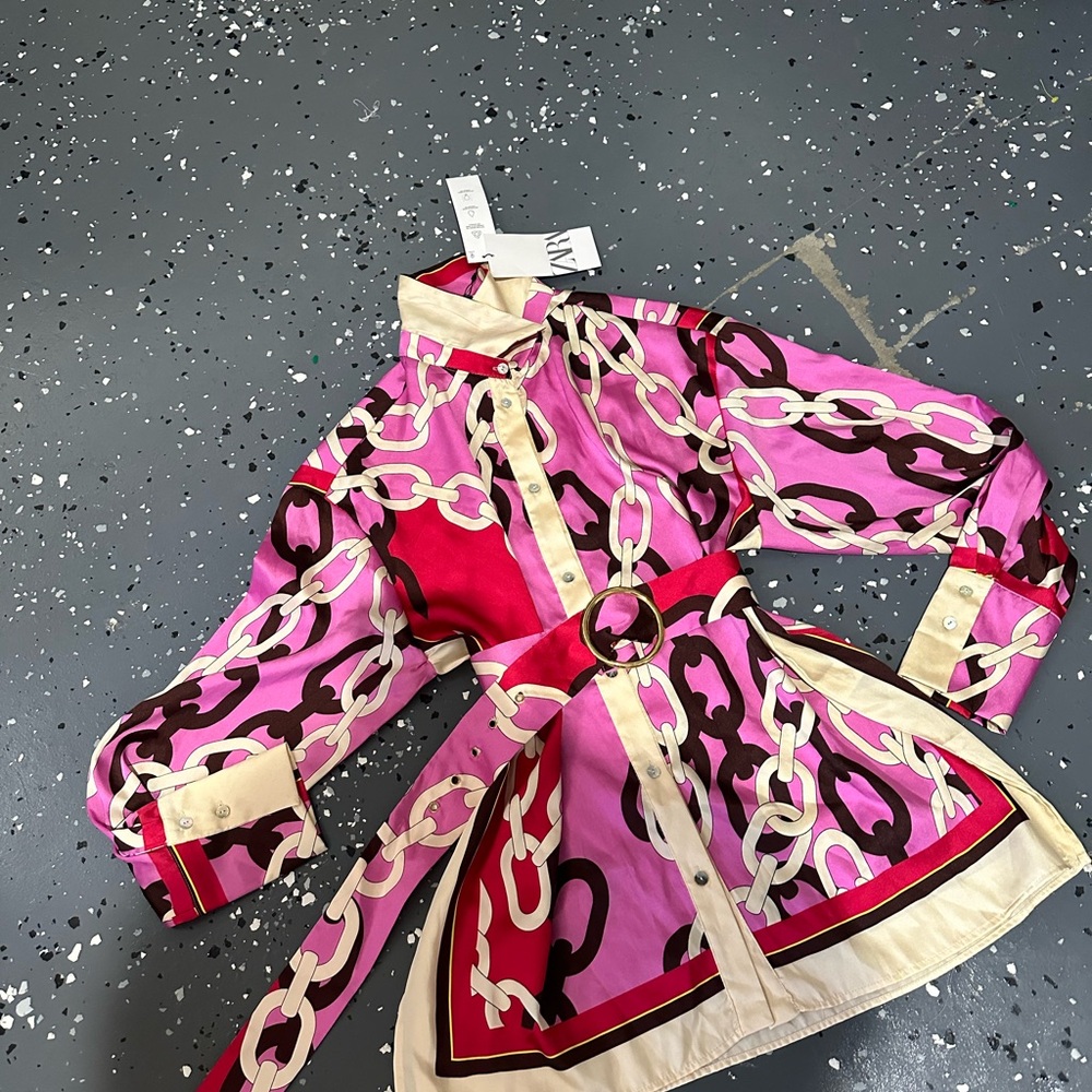 Zara belted jewelry print pink and cream shirt - Picture 4 of 4